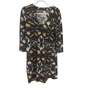 Emmelee Women Gray Tan Print Casual Dress Medium 3/4 sleeves Knee Length